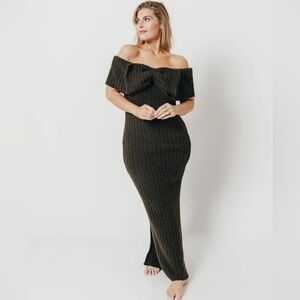 Worth Collective Aston Bow Front Maxi Sweater Dress in Dark Green